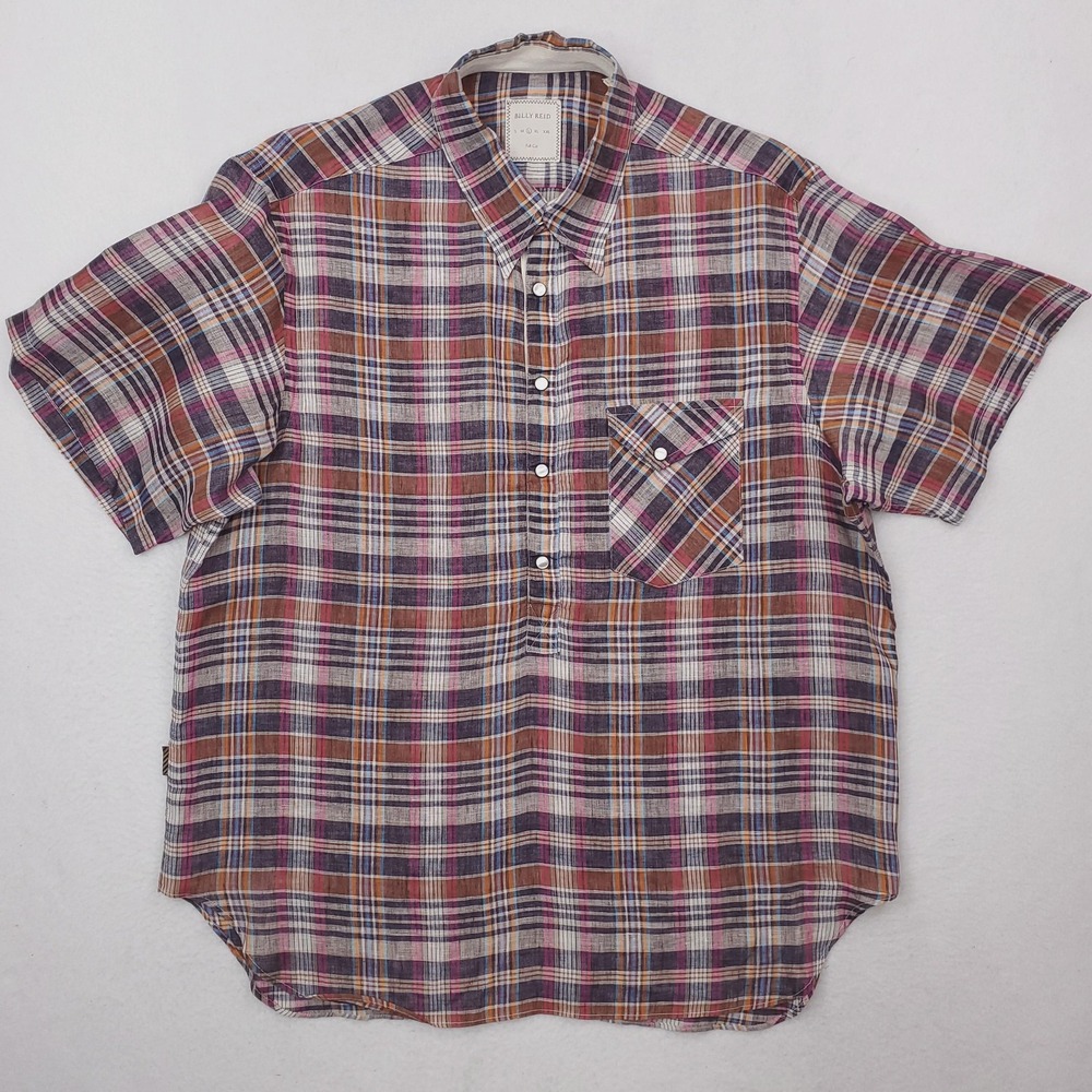 Billy Reid Shirt Men Large Multicolor Plaid Linen Popover Pullover Tartan Madras